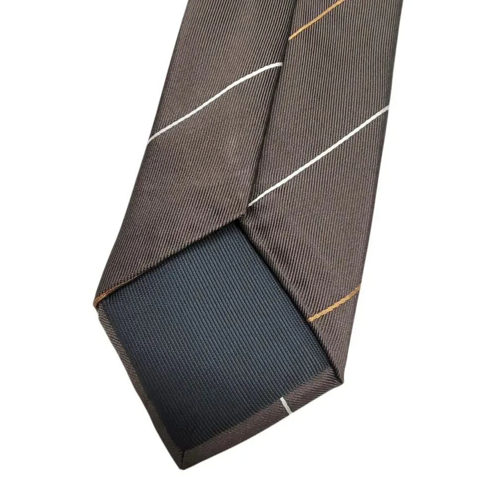 BOSS Hugo Boss Mens Tie Brown White Gold Striped Silk Made in Italy
